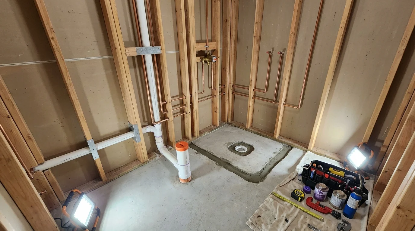 Bathroom rough-in plumbing during remodel by Johns Plumbing LLC in Wellington