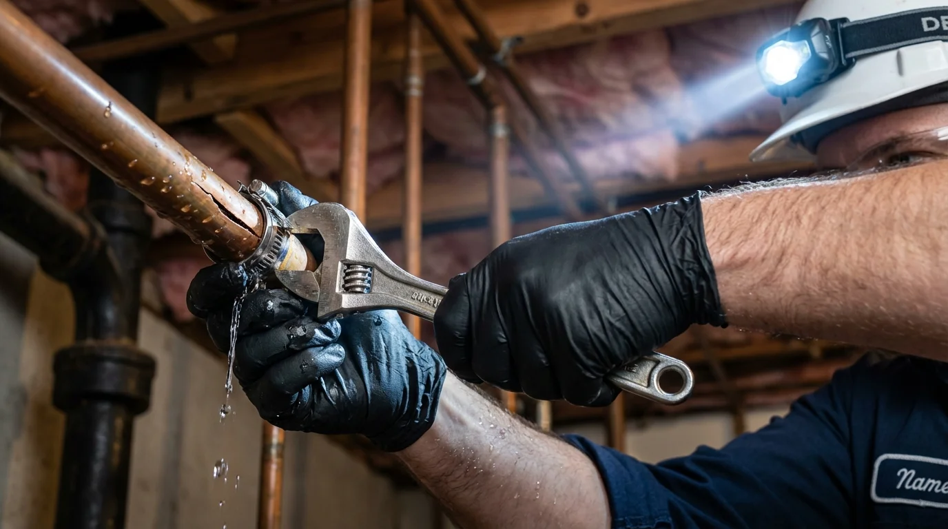 Emergency pipe clamp repair being performed by a Johns Plumbing LLC plumber in Wellington
