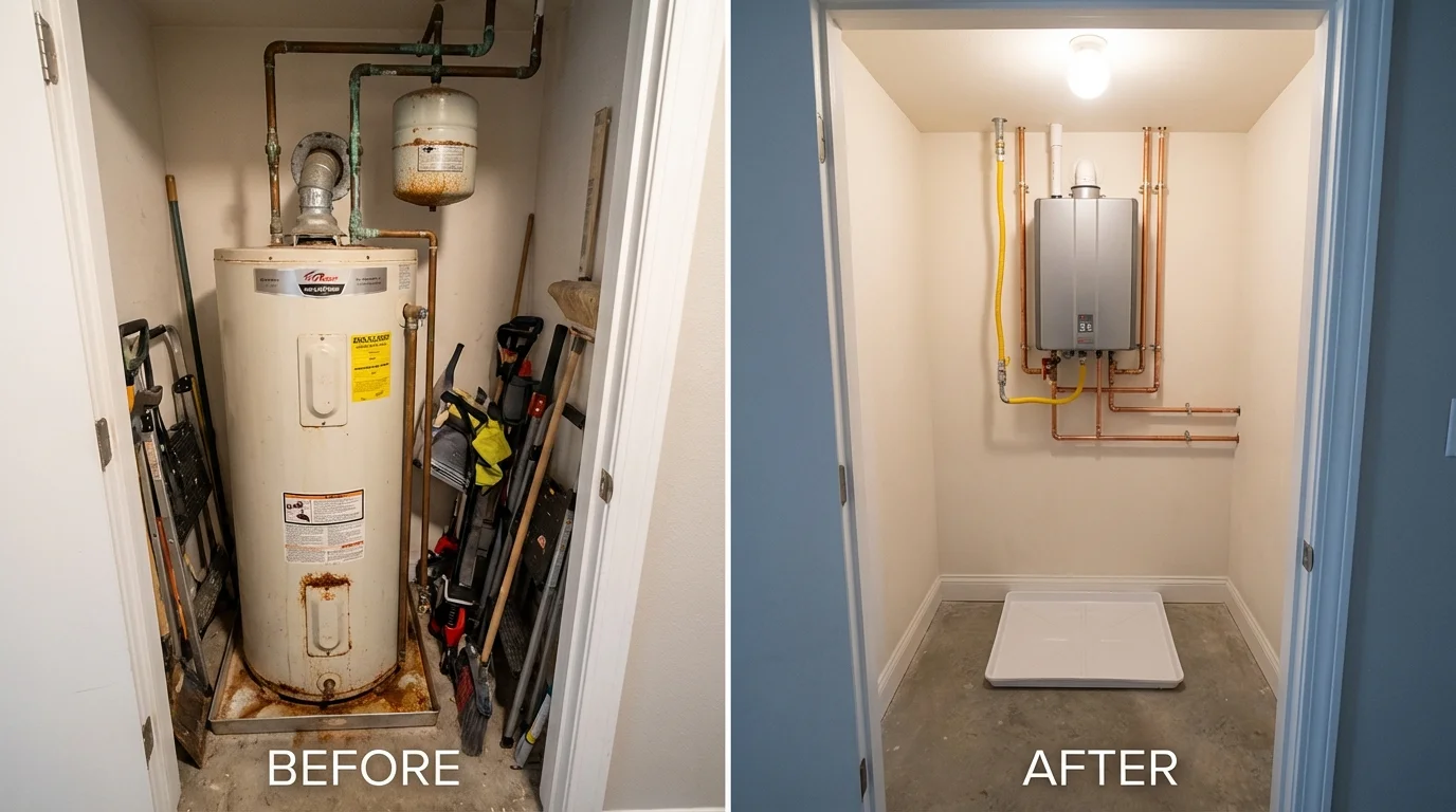 Tank water heater versus wall-mounted tankless unit comparison for Wellington, KS homeowners