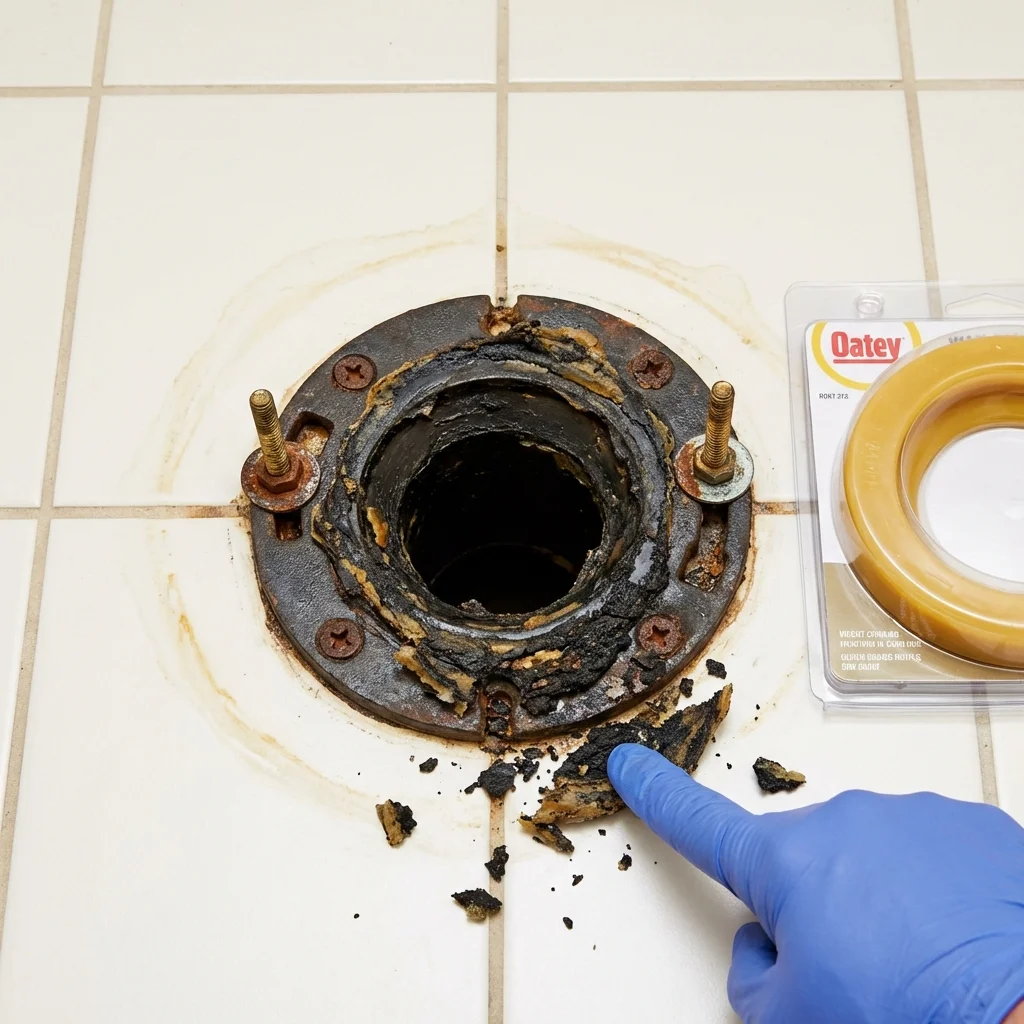Failed wax ring showing water seepage at the base of a toilet in a Wellington, KS home