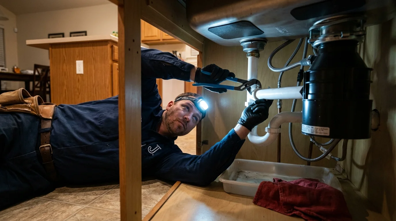 P-trap and supply line connections under a kitchen sink showing a common leak point in Wellington, KS